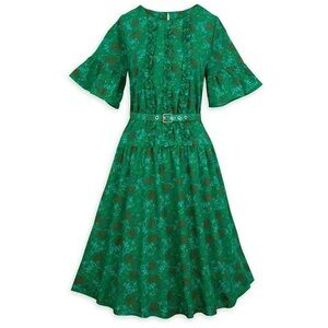 Disney Emerald green Floral Dress with Belt bird 🐦 S belted ruffles midi
